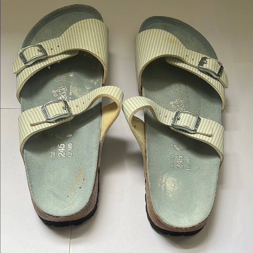 Birki’s Birkenstock Cream and Blue Sandals with Contoured Footbed